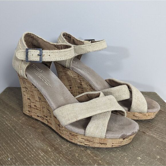 Tom's Sierra espadrille cork wedge cross strap sandal heel 6.5 - Picture 1 of 8